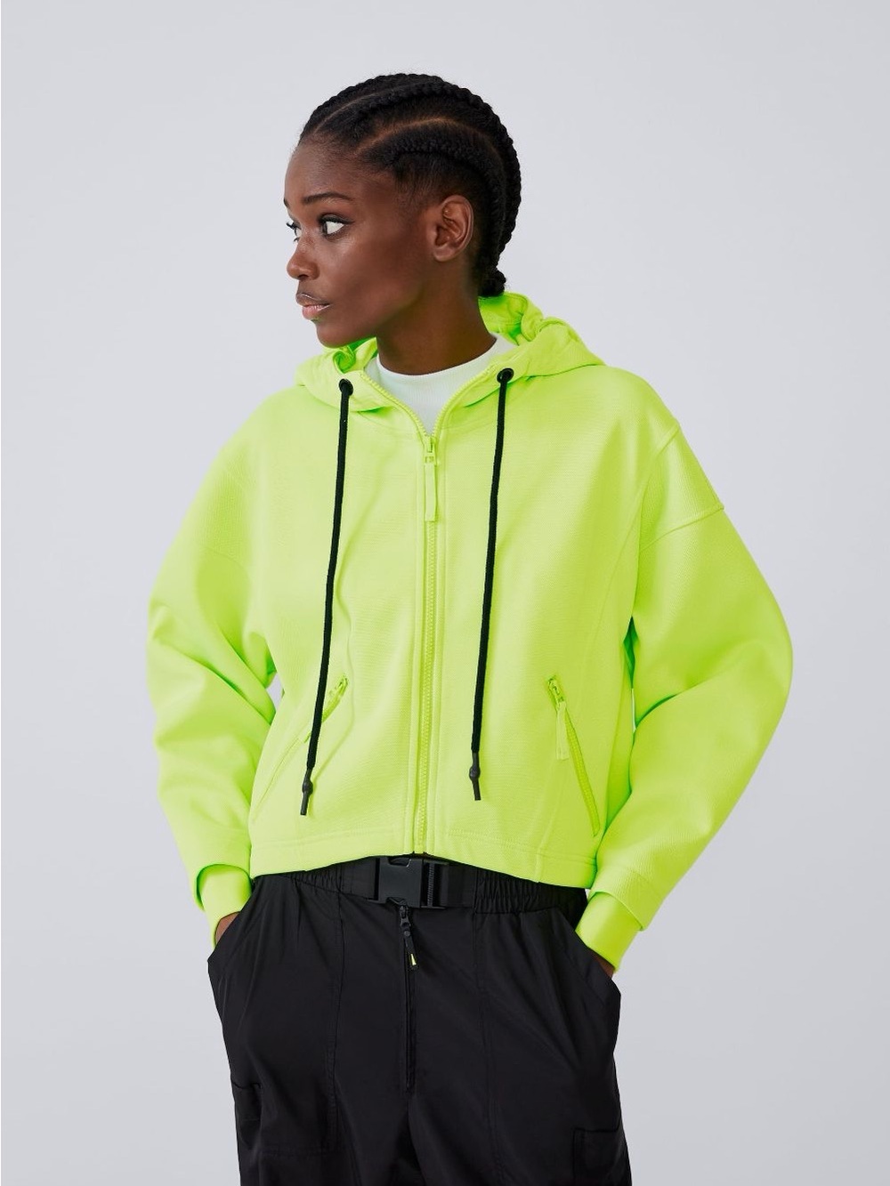 Zara Neon Green Cropped Full Zip Hoodie XS Y2K Athleisure